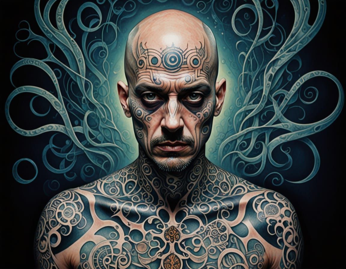 Surreal Expressionist Portrait of a Bald Man with Nightmaris...