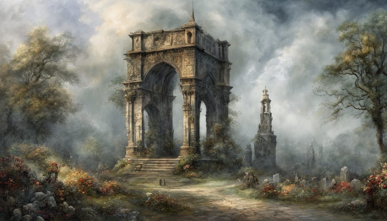 Gothic Iron Gate on Ruined Cemetery in Ethereal Mist