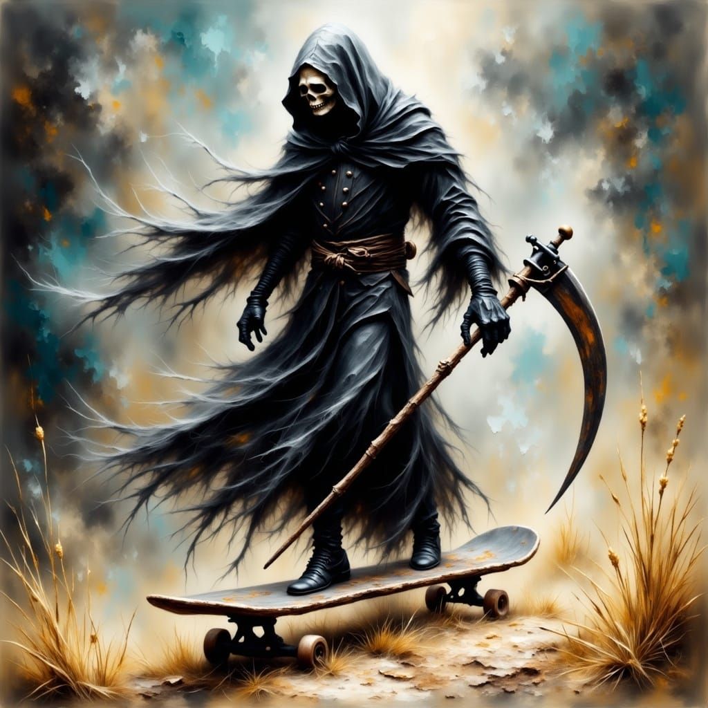 Skateboarding Grim Reaper in Smokey Grunge Style