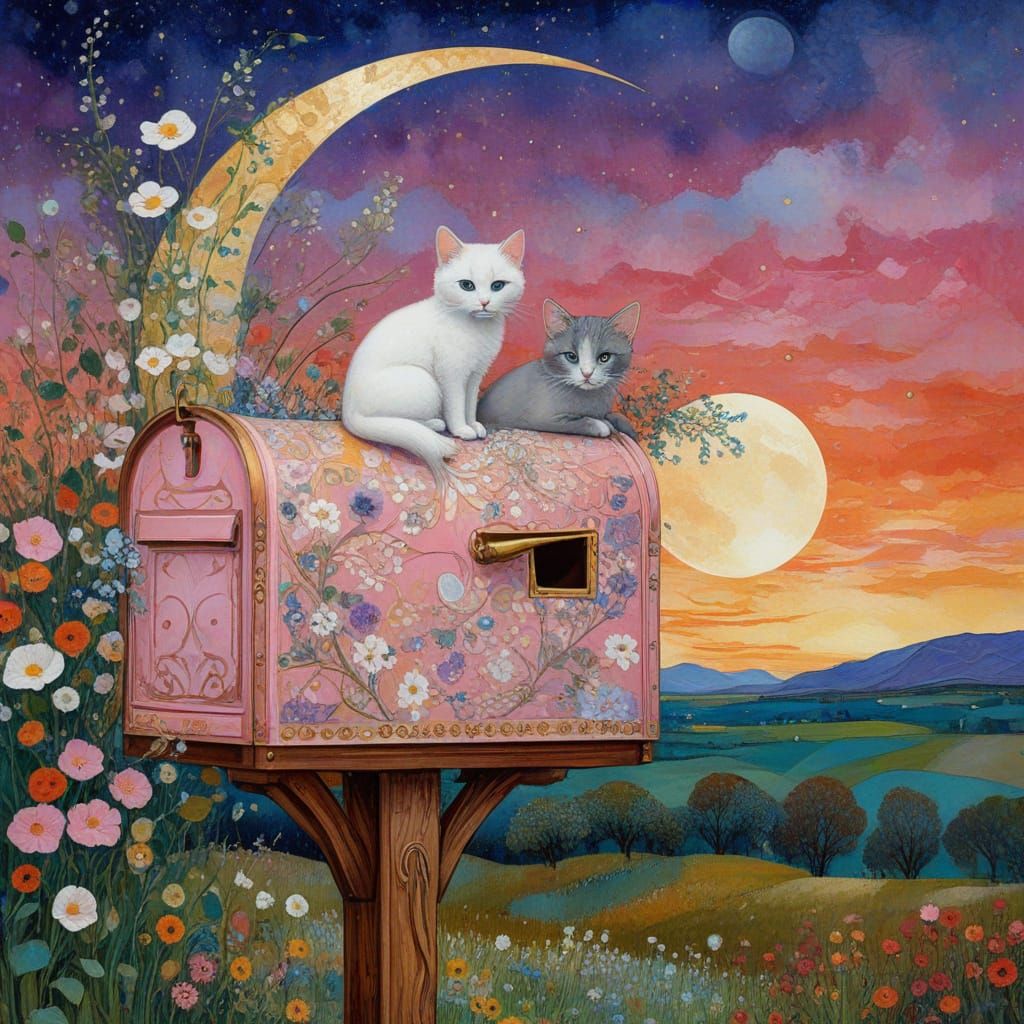 Whimsical Countryside Mailbox Scene in Art Nouveau Style