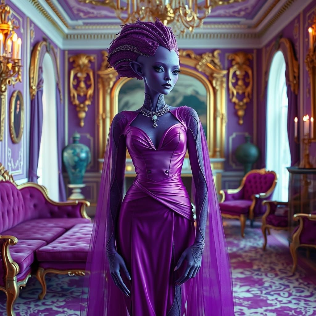 Elegant Purple Alien in Lavish Room, Digital Art