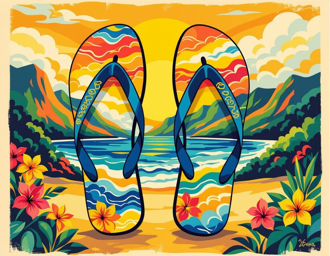 Flip Flops with Hawaiian Landscape in Watercolor Style