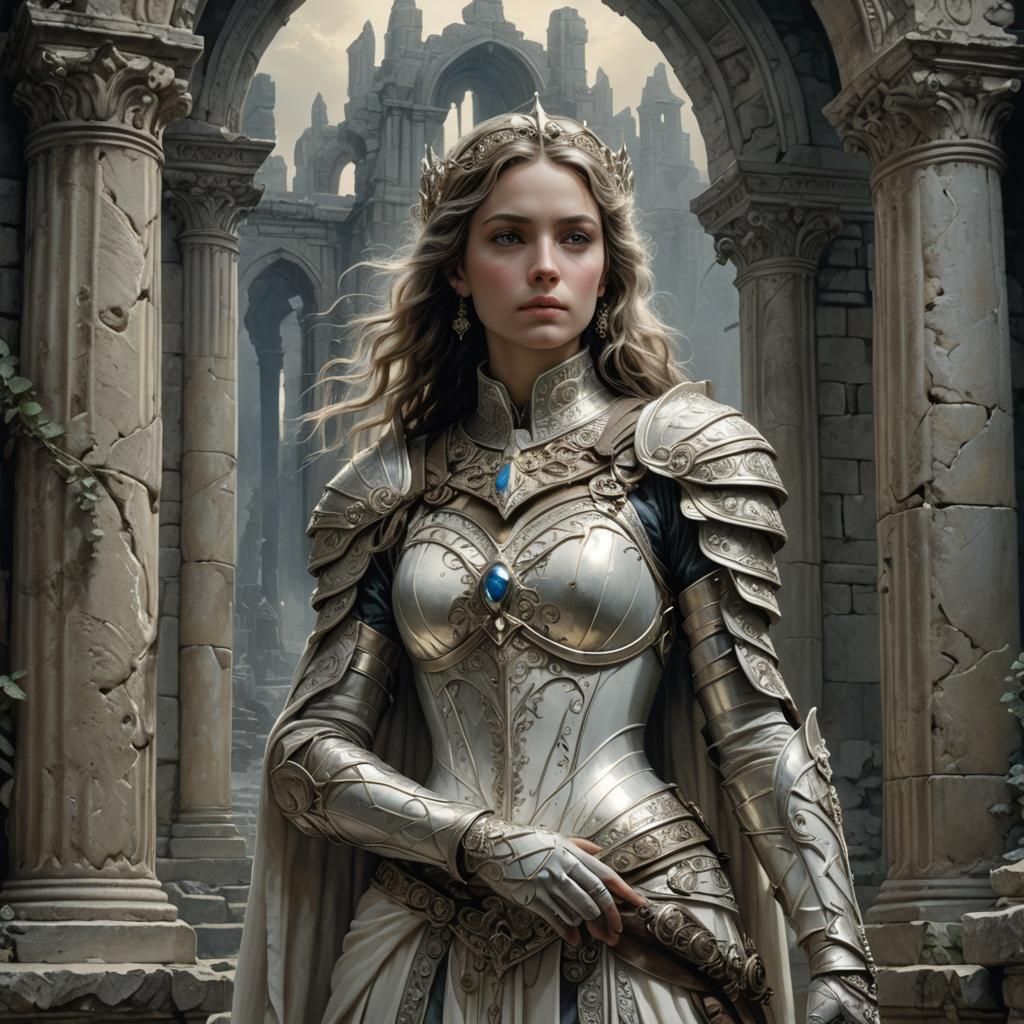 Regal Woman in Silver Armor, Regency Sci-Fi Art