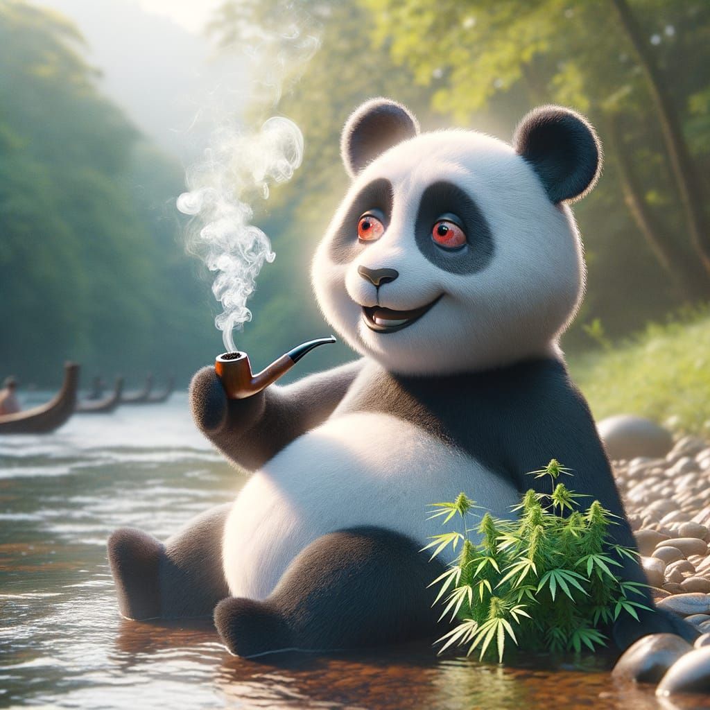 Merry Panda Relaxing by River with Gentle Smoke
