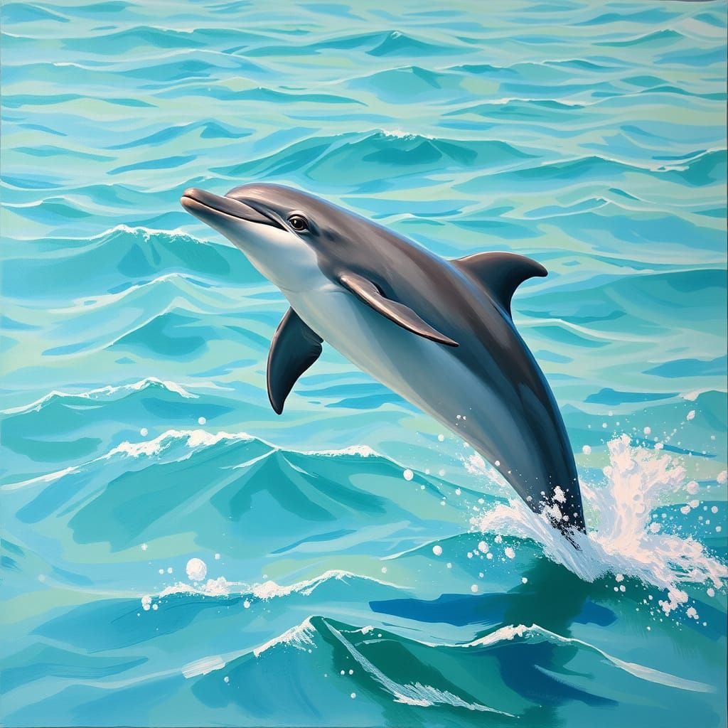 Dolphin Leaping in Turquoise Ocean: Impasto Painting