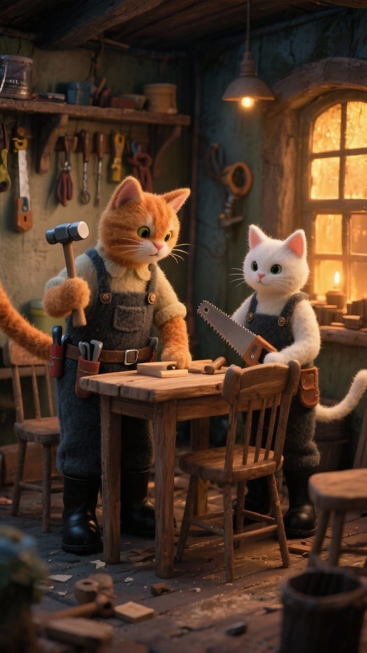 Cute Cats as Carpenters Building Furniture in Felt Village W...