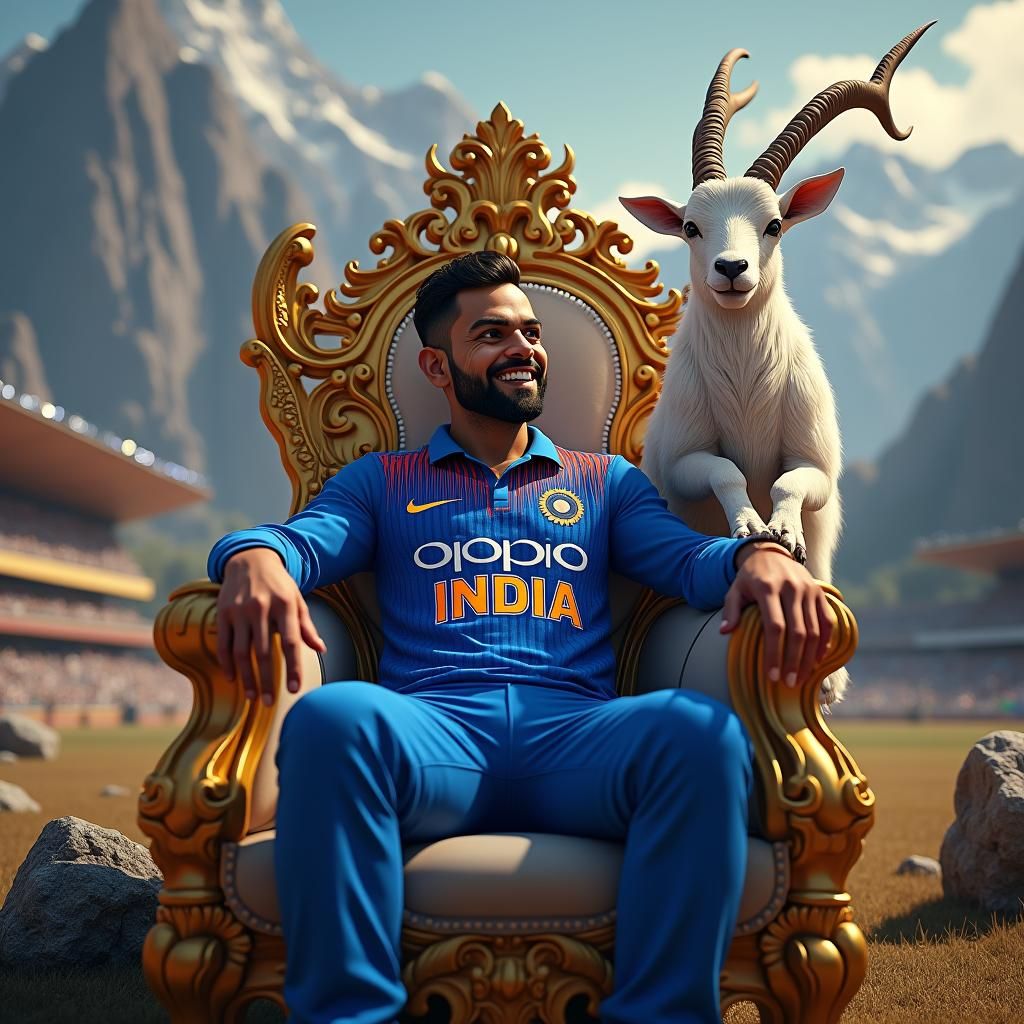 Virat Kohli on Ornate Throne in Fantasy Landscape