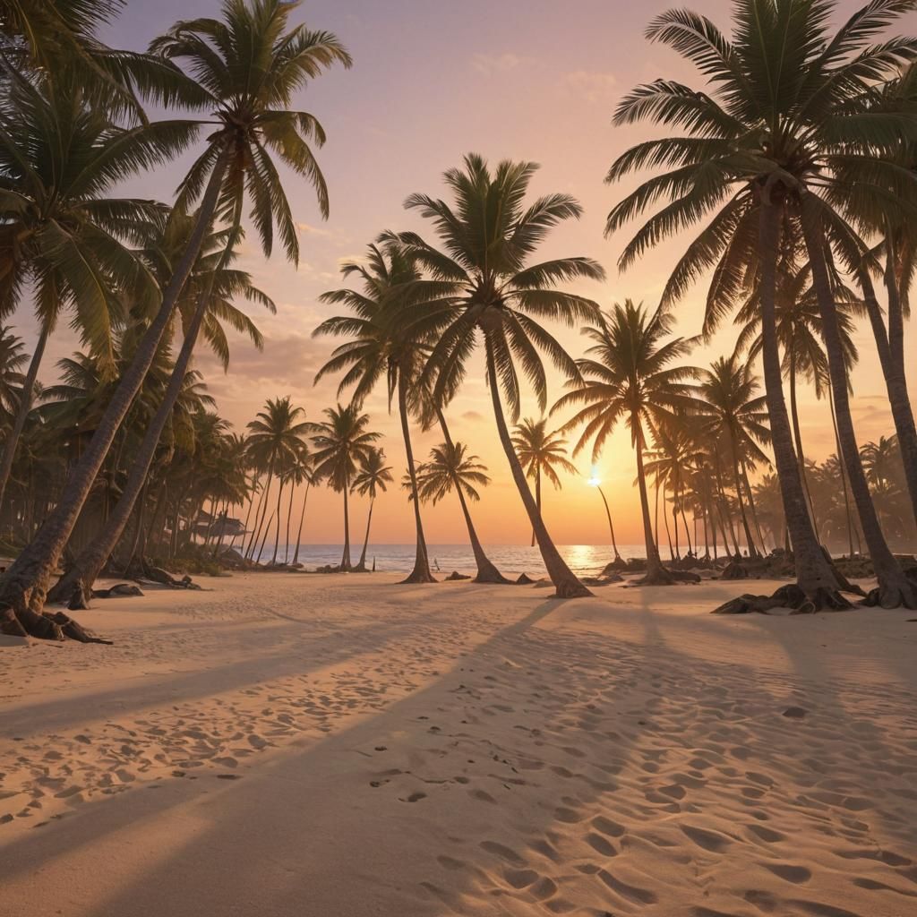 Tropical Beach Sunset in Vibrant Matte Painting Style