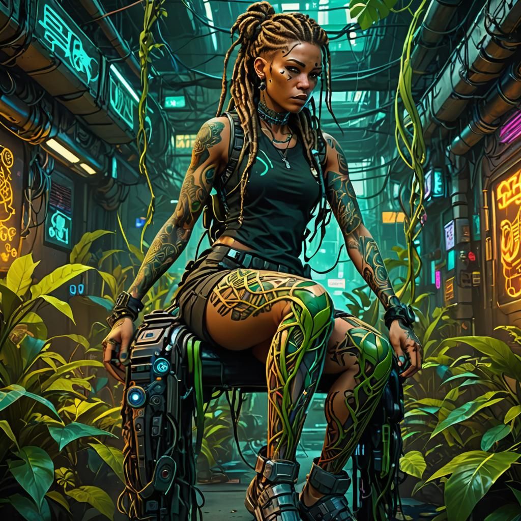 Tan Girl with Cybernetic Leg in Biopunk Style