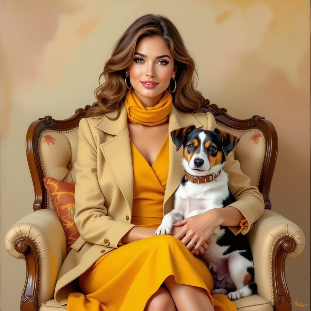 Woman with Dog in Cozy Autumn Living Room Painting