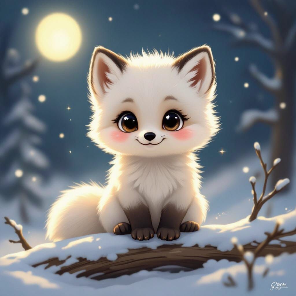 Chibi Arctic Fox Cub in Ethereal Moonlight