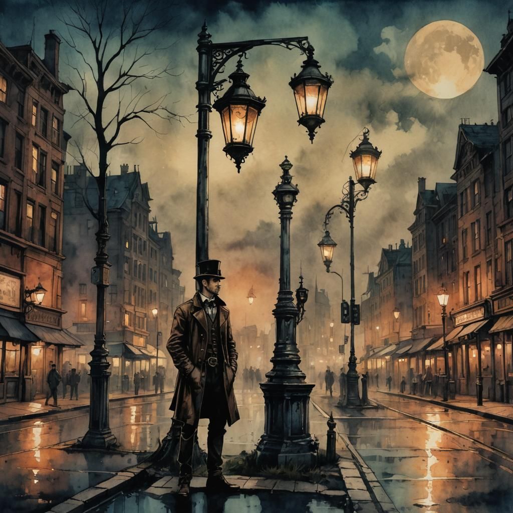 Steampunk Man in Ink Painting with Vintage Lanterns