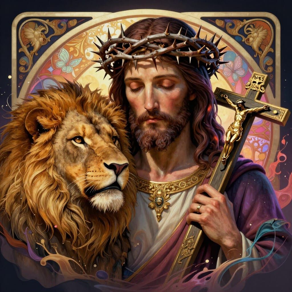 Jesus Christ with Crown of Thorns and Lion