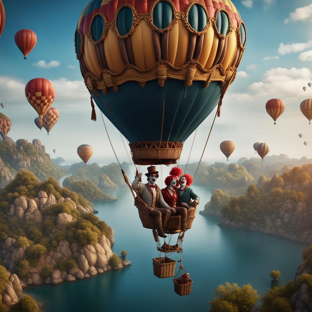 Clowns' Island Flight: Detailed Fantasy Art