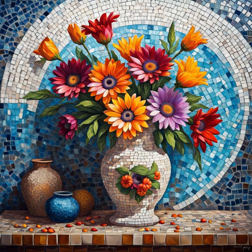 Flower Vase Still Life as Roman Mosaic