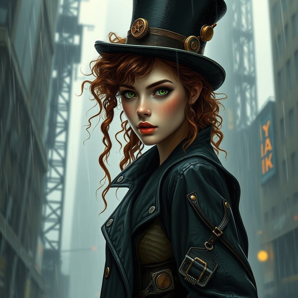 Steampunk Girl Embracing the Rainy City Atmosphere