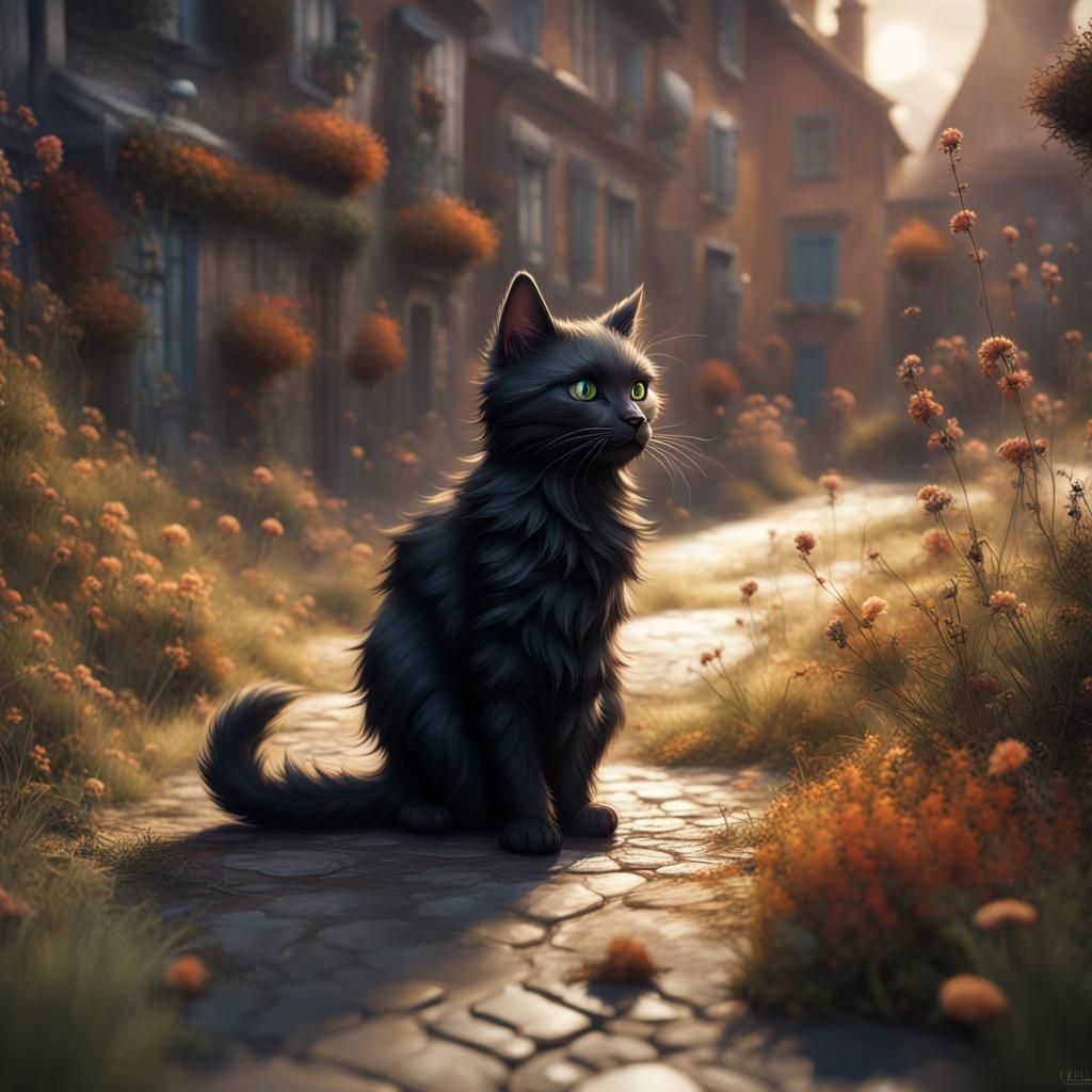 Scruffy Black Cat in Wind: Detailed Digital Painting