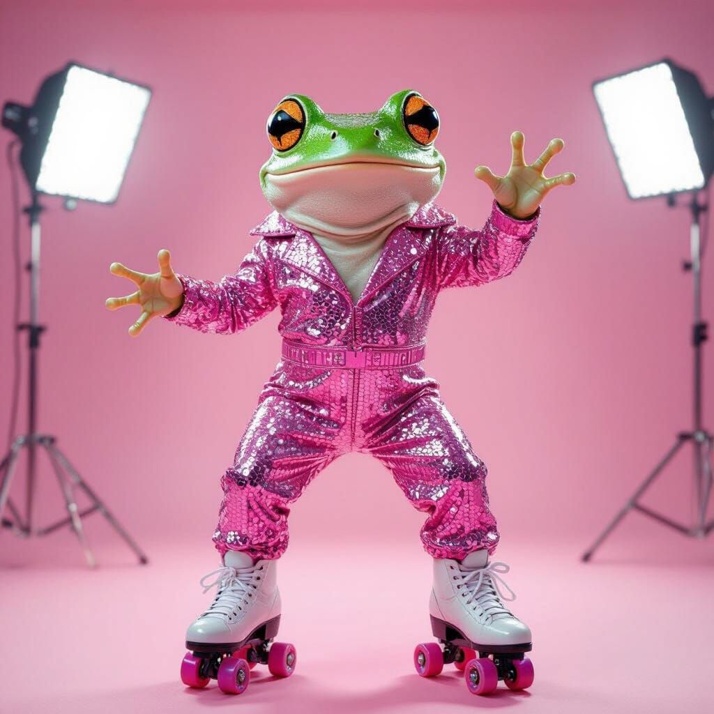 Cute Disco Frog in Pink Jumpsuit on Roller Skates