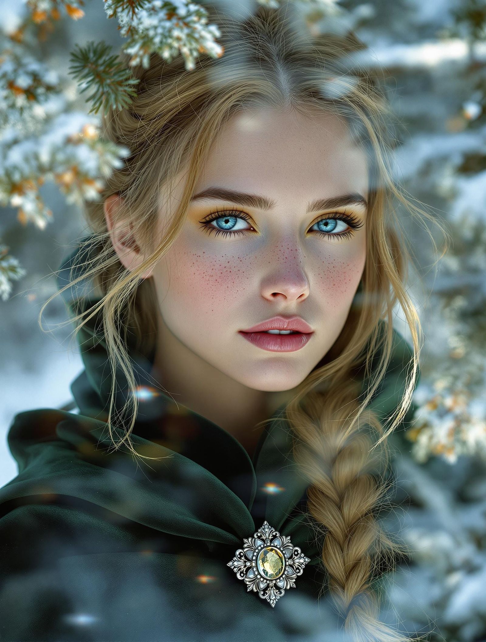 Frosted Glass Portrait of a Freckled Woman in a Snowy Forest