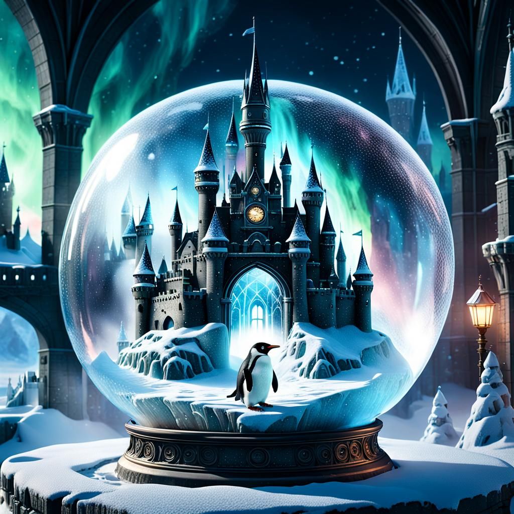 Penguin in Snow Castle Globe: Steampunk Matte Painting