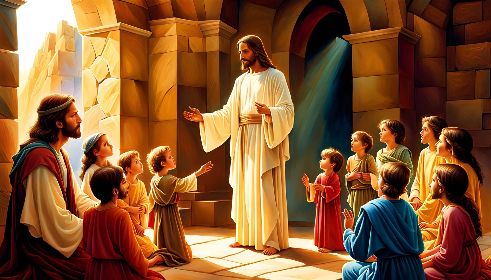 Jesus Blessing Children in Watercolor Art Style