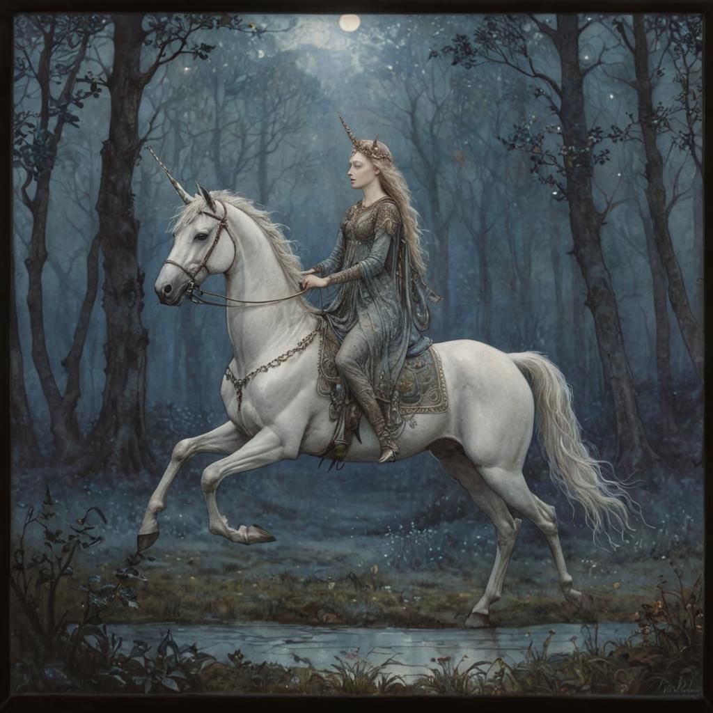 Art by Arthur Rackham and John Bauer, majestic unicorn gallo...