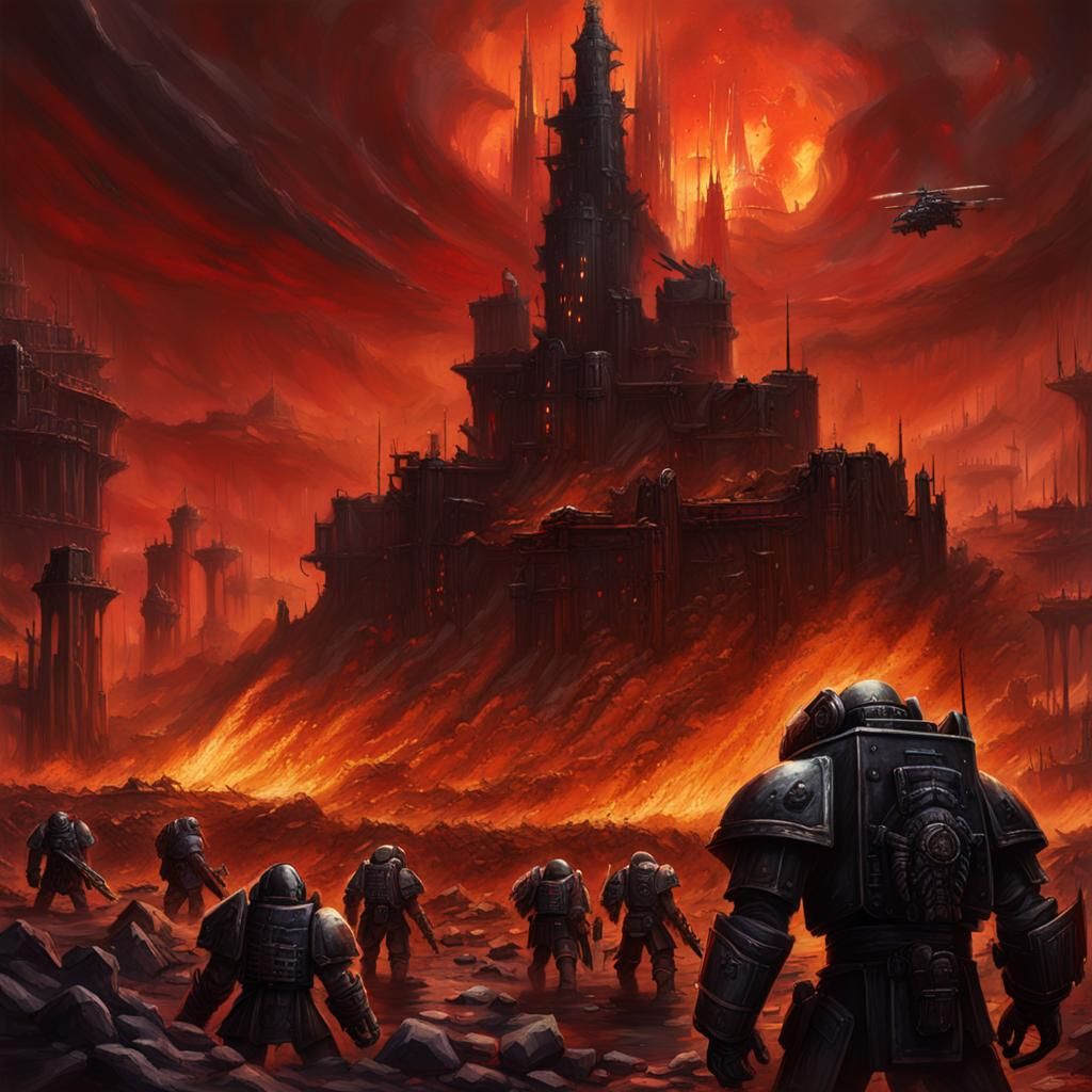 Warhammer 40K Battlefield: Gothic Clash in Oil Painting