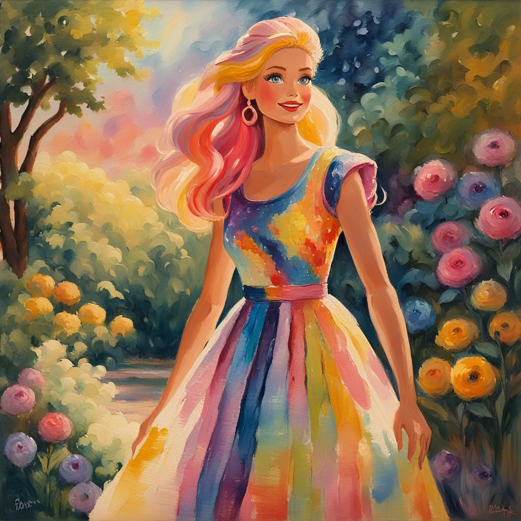 Barbie with Rainbow Hair as Impressionist Oil Painting
