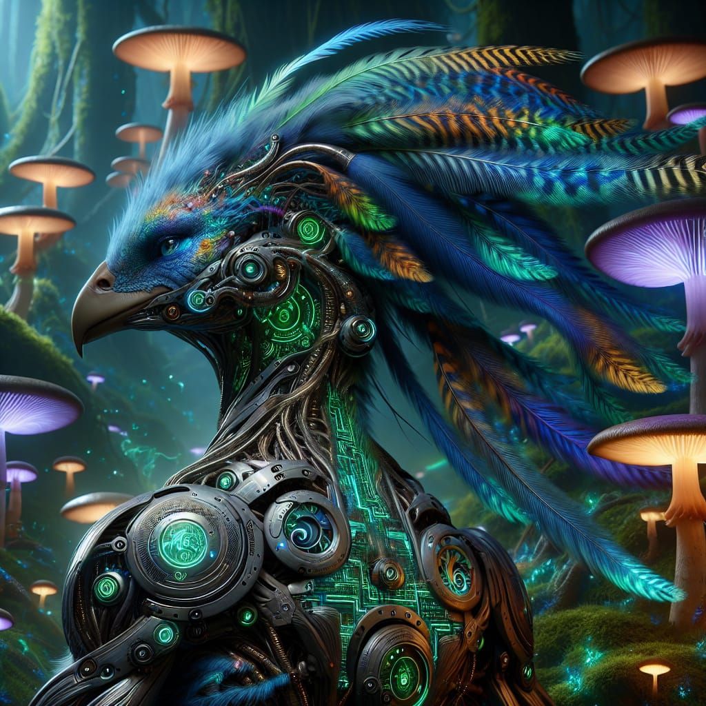 Cyberpunk Peacock Merges Nature and Tech in Ethereal Landsca...