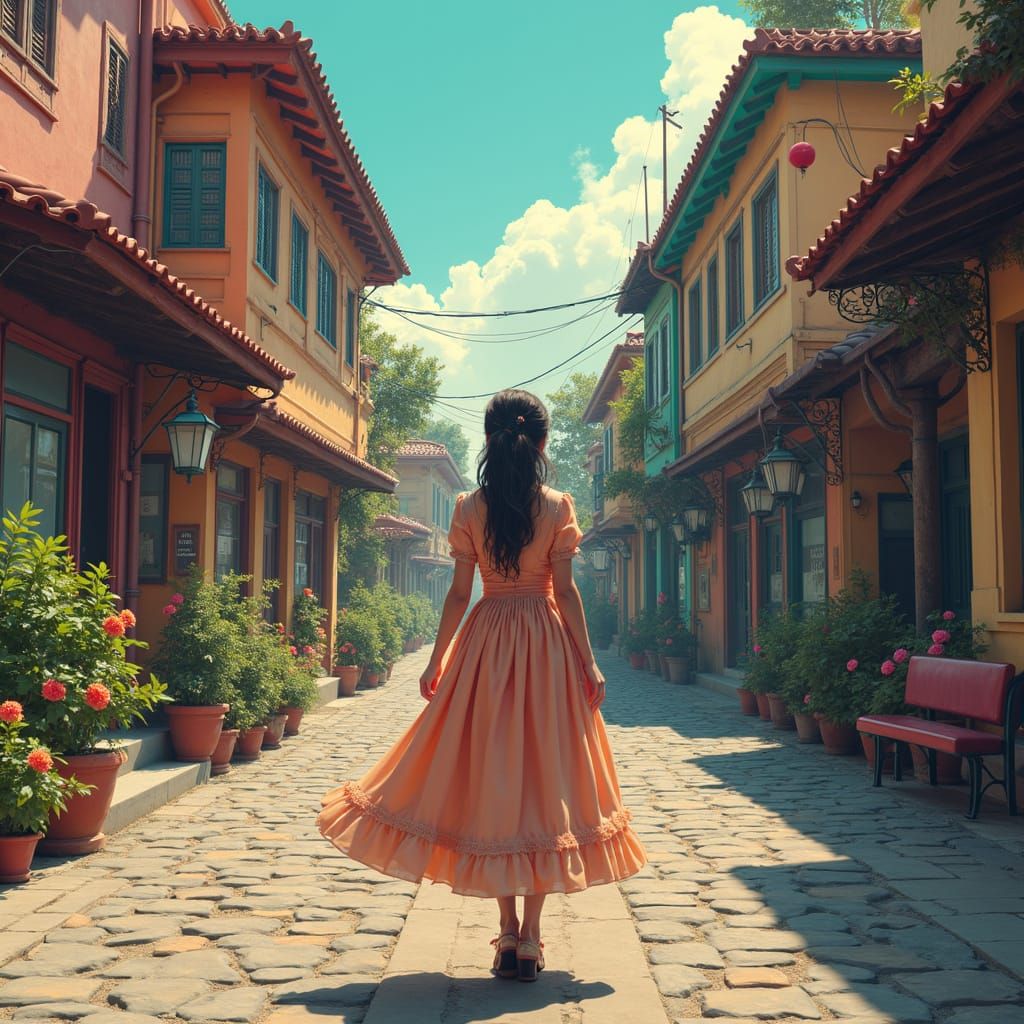 Woman Walks Surreal Cobblestone Street in Hyperrealism