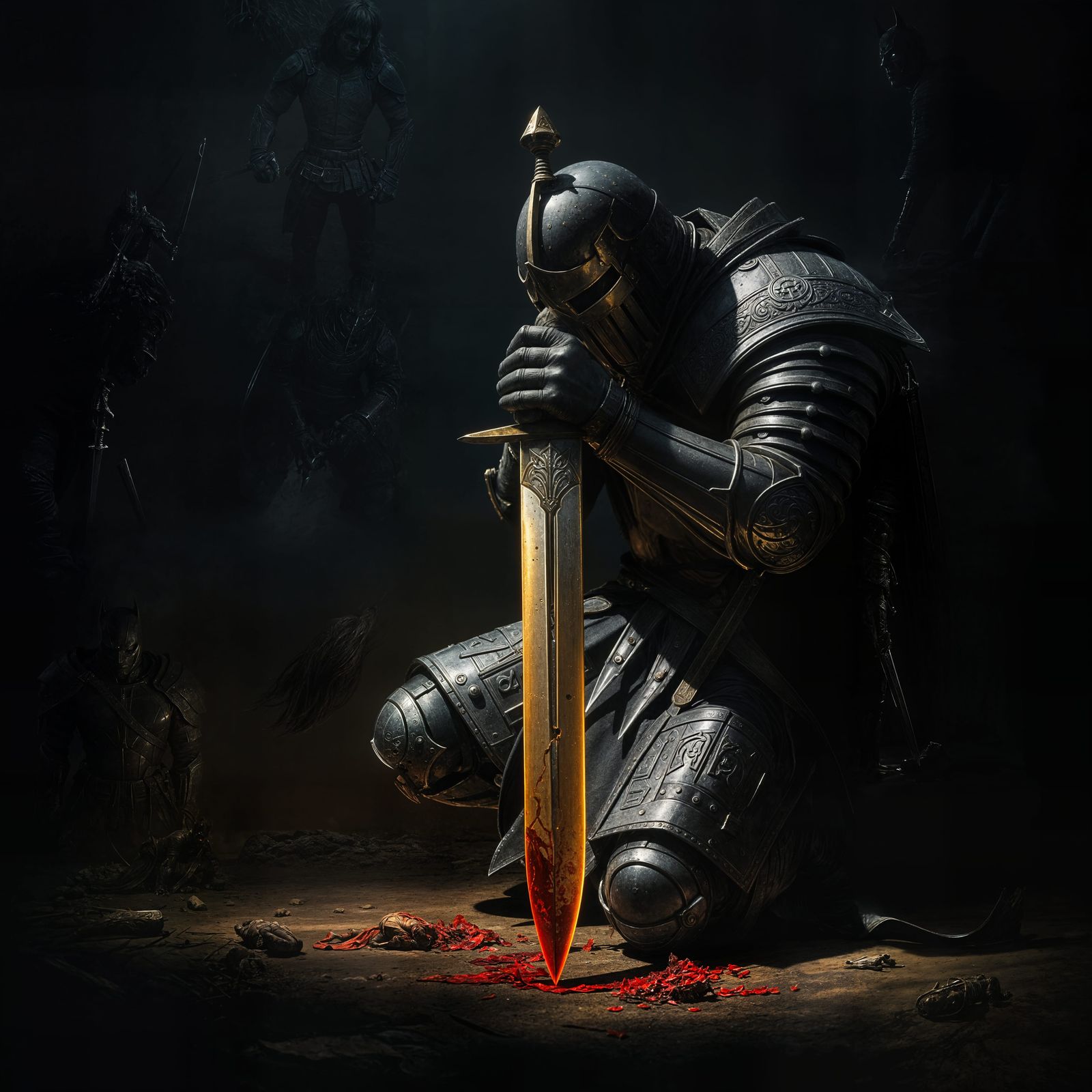 Dark Knight Kneeling in Shadow, Hyperrealistic Art