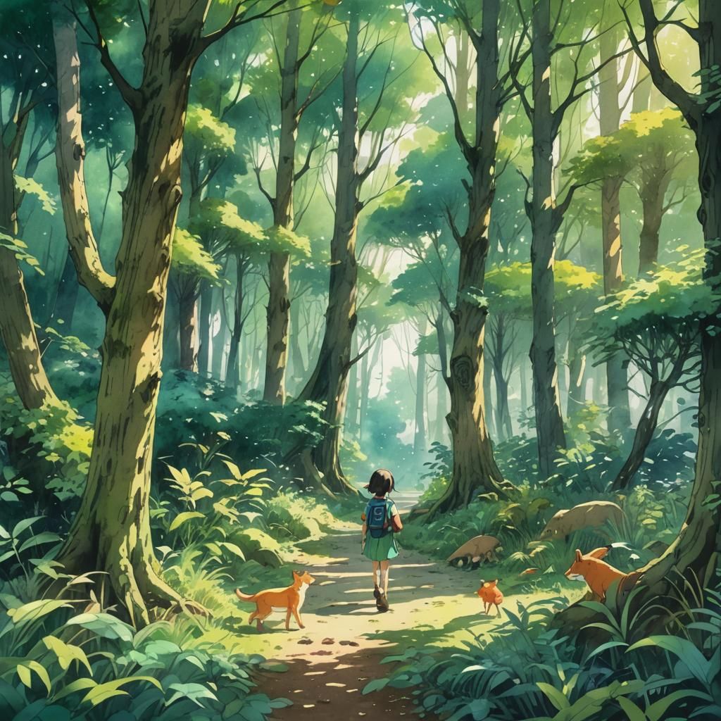 Enchanted Forest Scene in Watercolor Anime Style