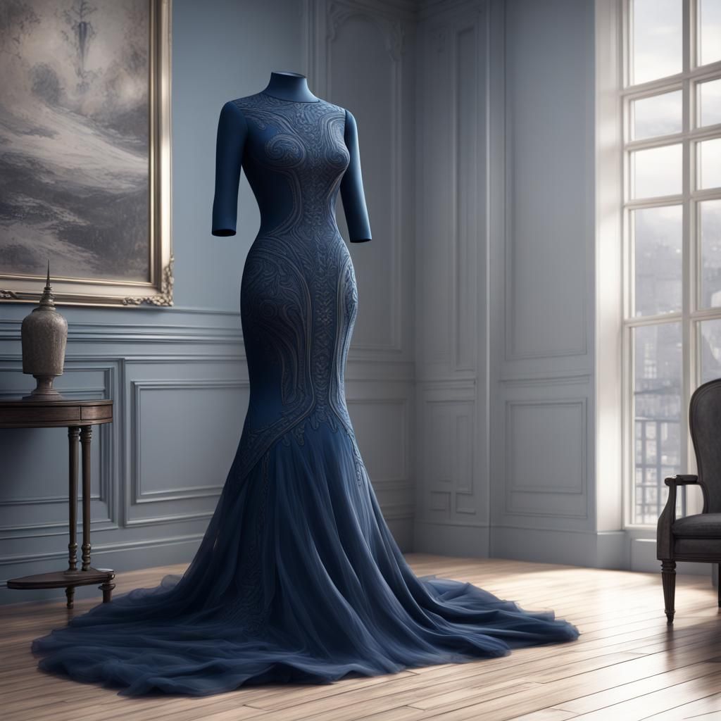 Sketch of Dark Blue Dress on Mannequin