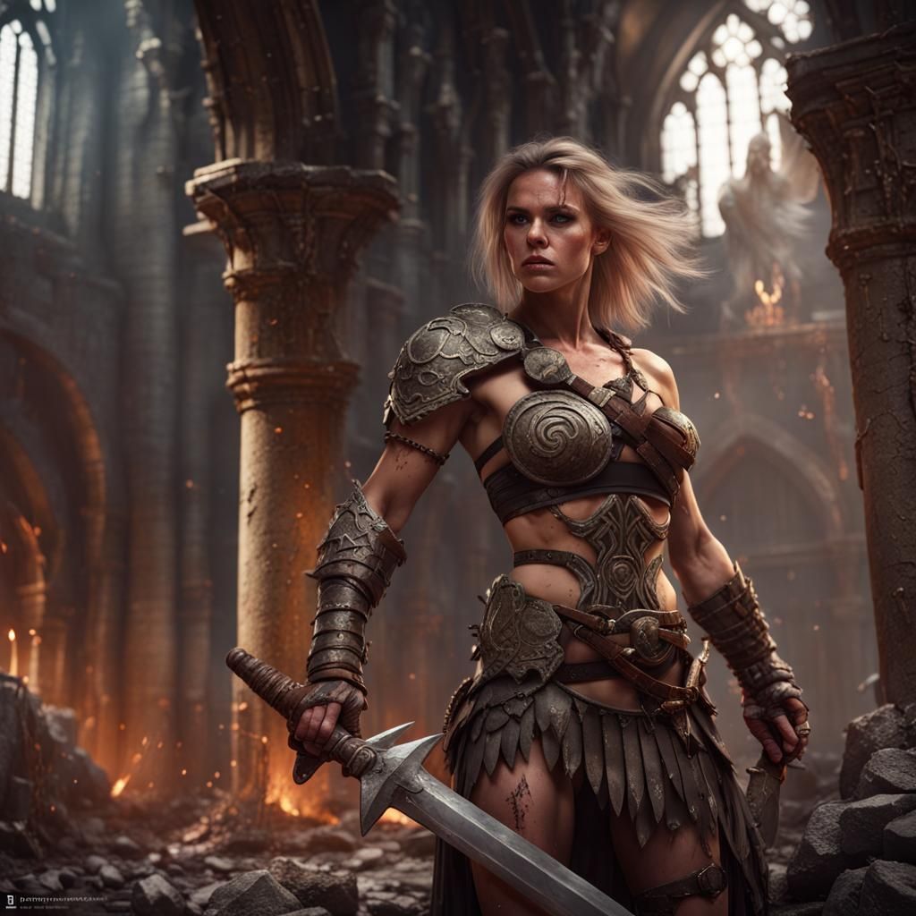 Female Barbarian in Ruined Church: Fantasy Concept Art