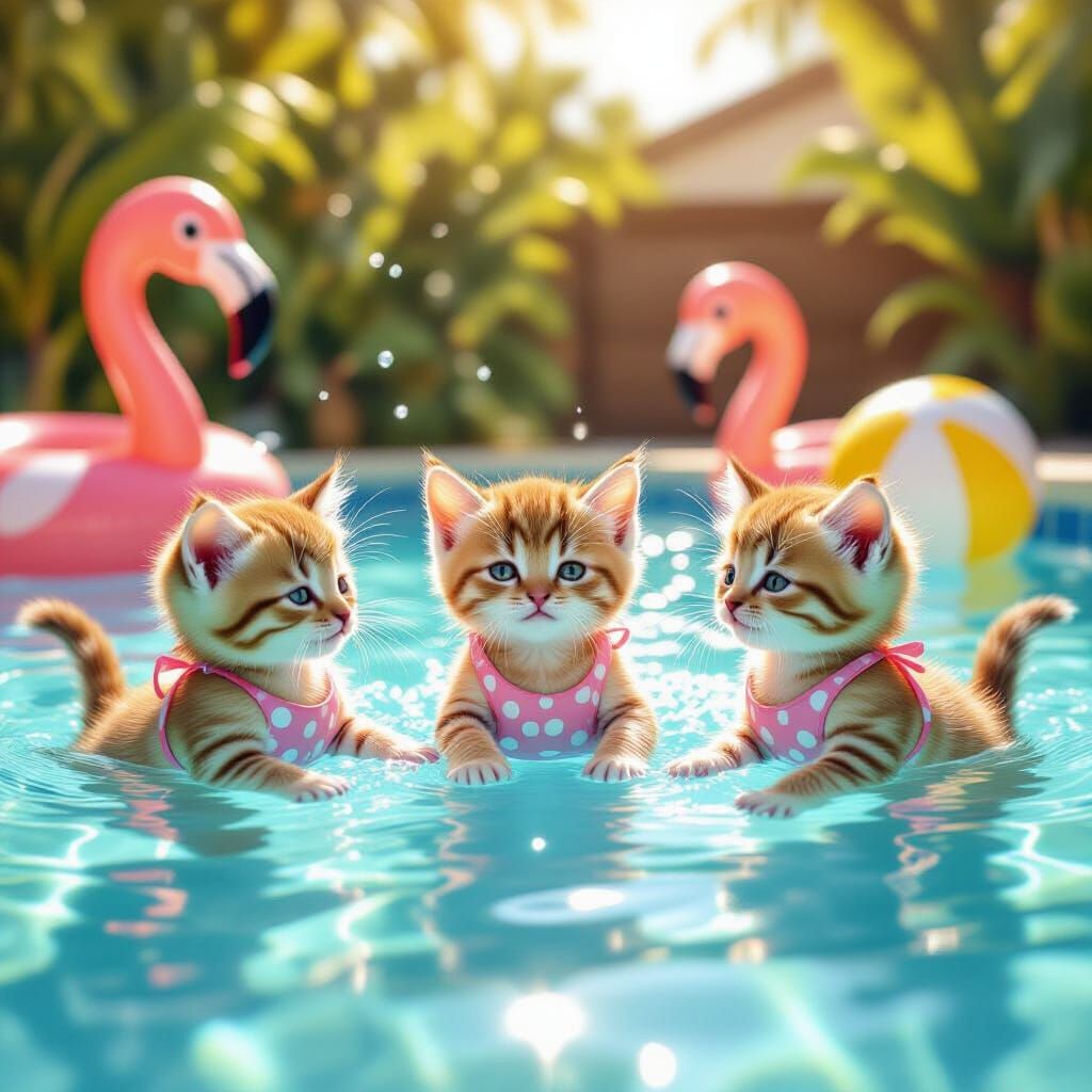 Sweet Kittens Play in Sunny Pool: Photorealistic Art