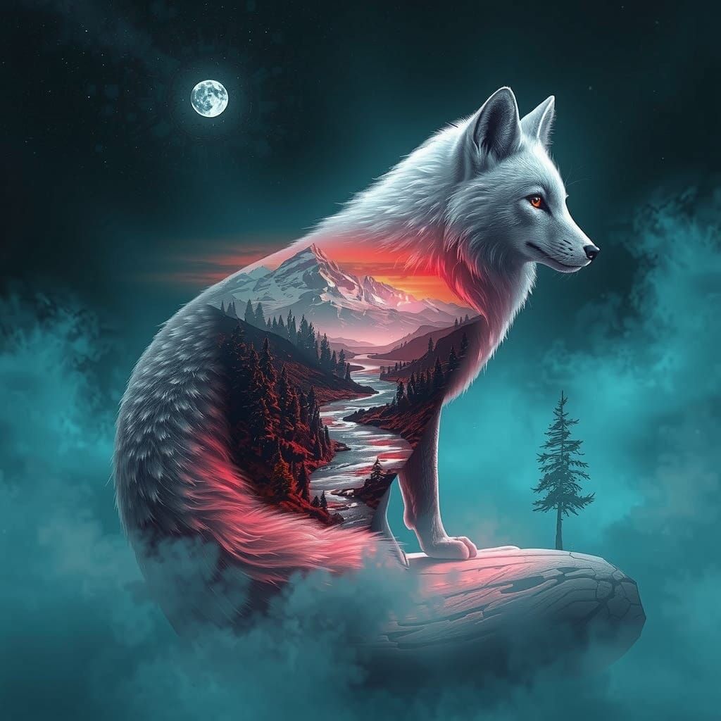 Snowy Arctic Fox in Futuristic Fantasy Landscape