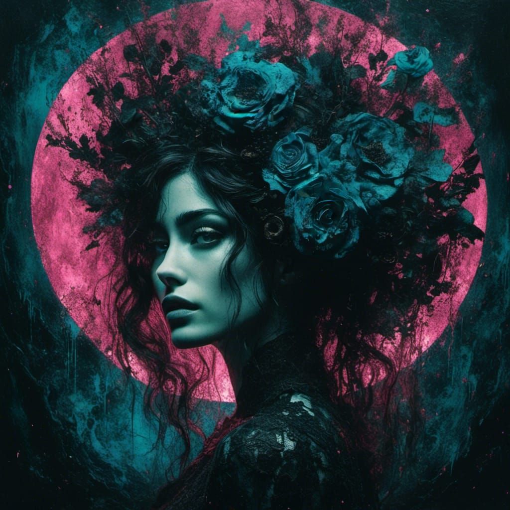 Noir Portrait: Woman with Galactic Hair in Charcoal Art