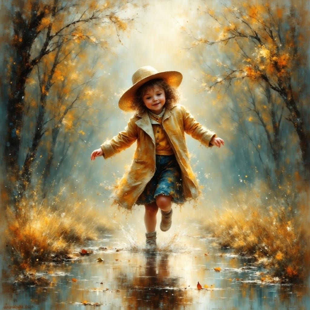Joyful Child Hopping in Rain Puddle, Painterly Style