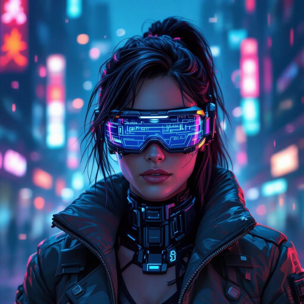 Cyberpunk Netrunner Woman with Cybernetic Arm and Goggles