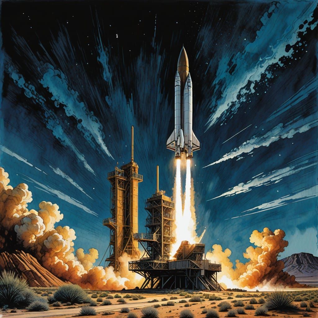 Cyberpunk Atlas Missile Launch in Vibrant Watercolor Style