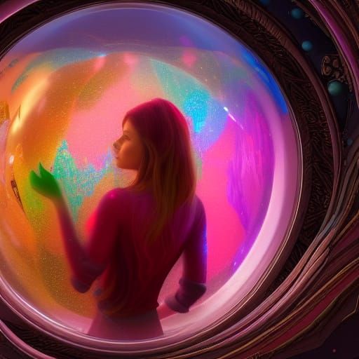 Woman Trapped in Colorful Bubble: Fantasy Art