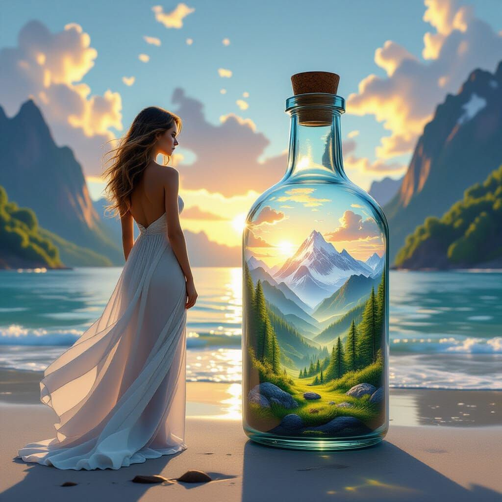 Woman Gazes at Miniature World in Glass Bottle on Beach