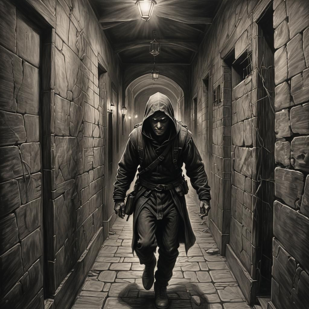 Fantasy Thief in Grand Hall: Charcoal Drawing