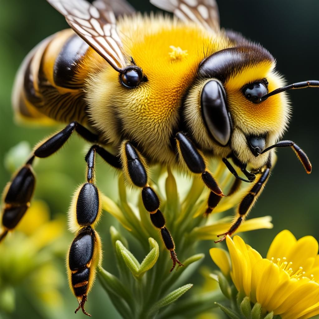 Bee on Yellow Flower: Extreme Close-Up Concept Art