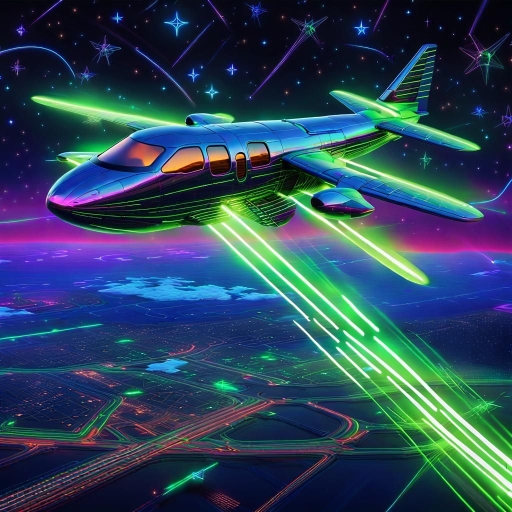 Futuristic Airplane Soaring Across Starry Sky in Neon Style