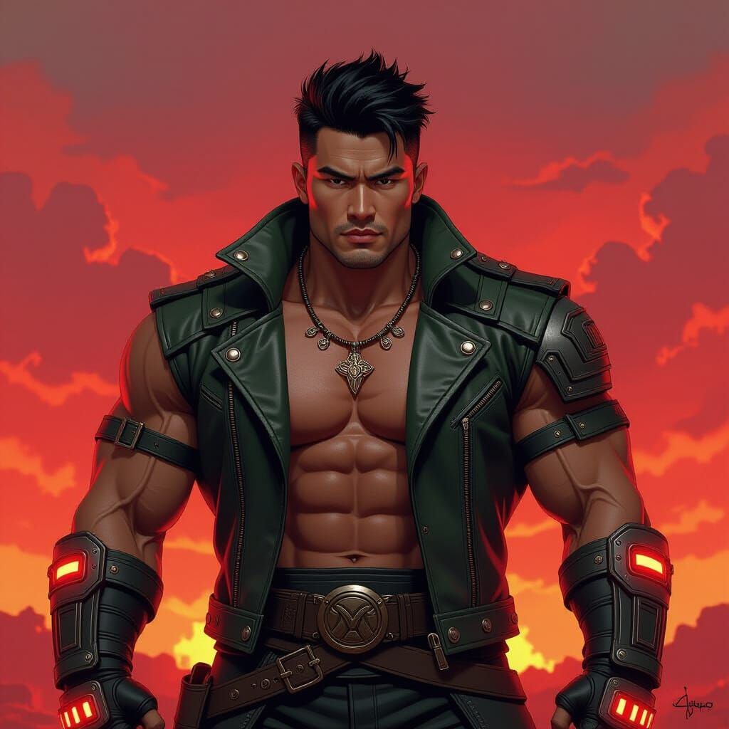 Hulk-like Asian Warrior in a Burning Sky