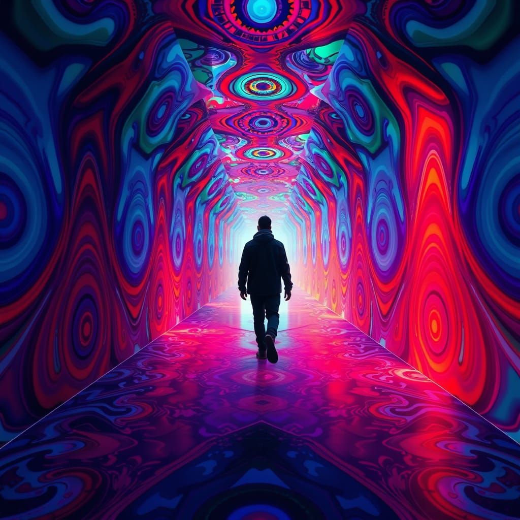 A surreal, vividly colored scene featuring a central figure ...