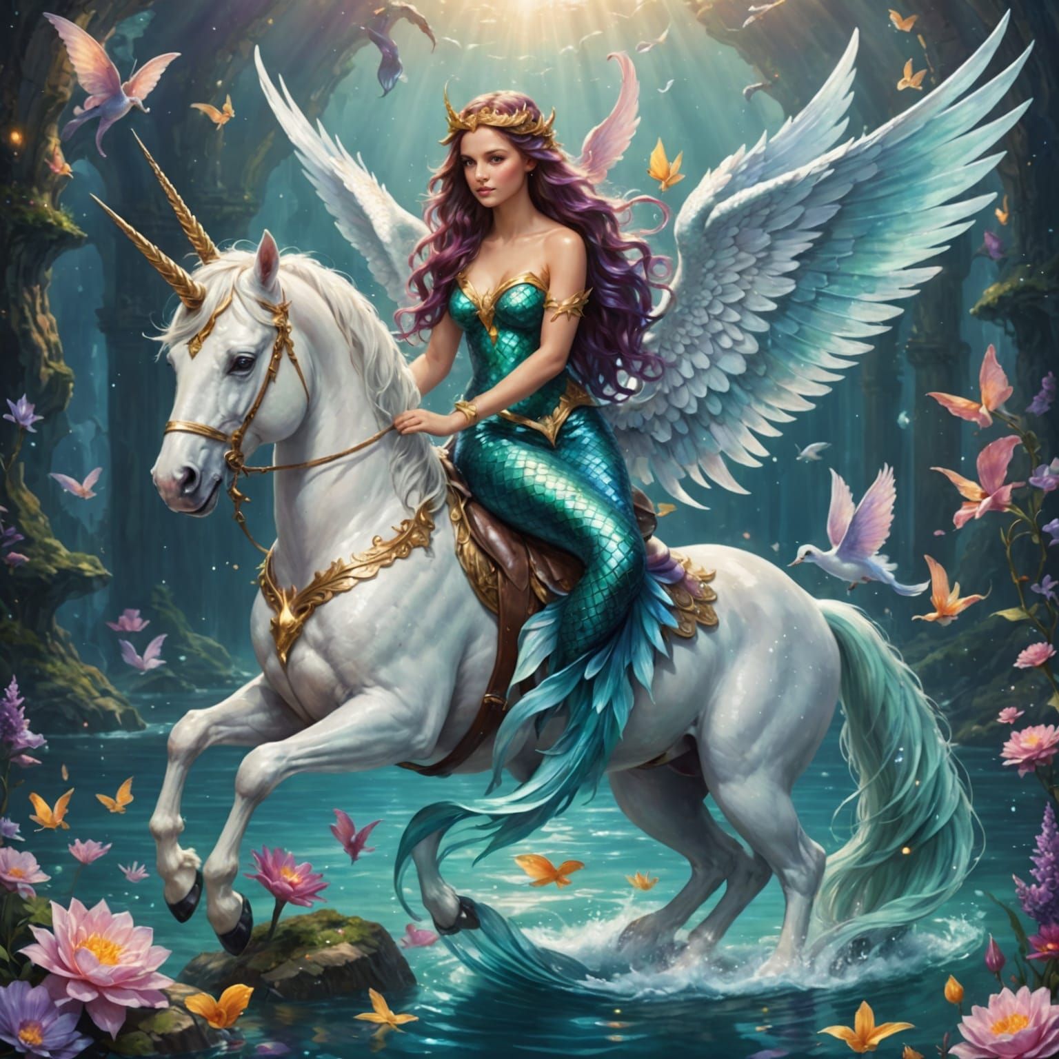 Winged Mermaid on Winged Unicorn Fantasy Art