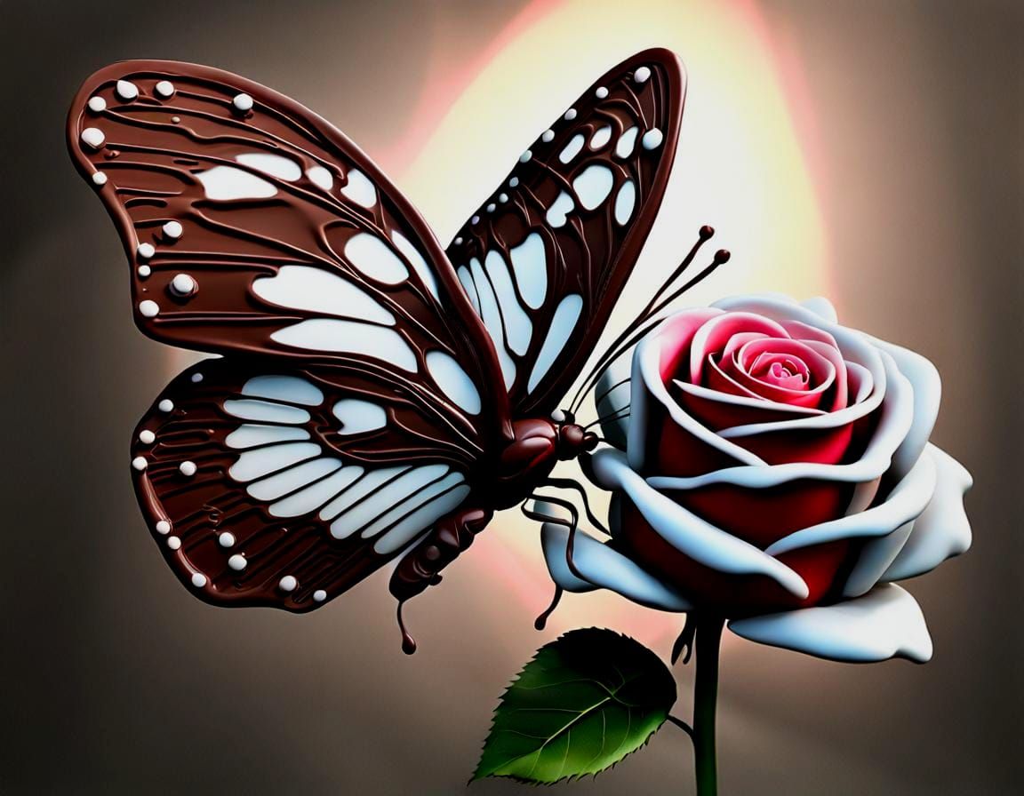 Chocolate Butterfly on Rose: Hyperrealistic CGI Rendering