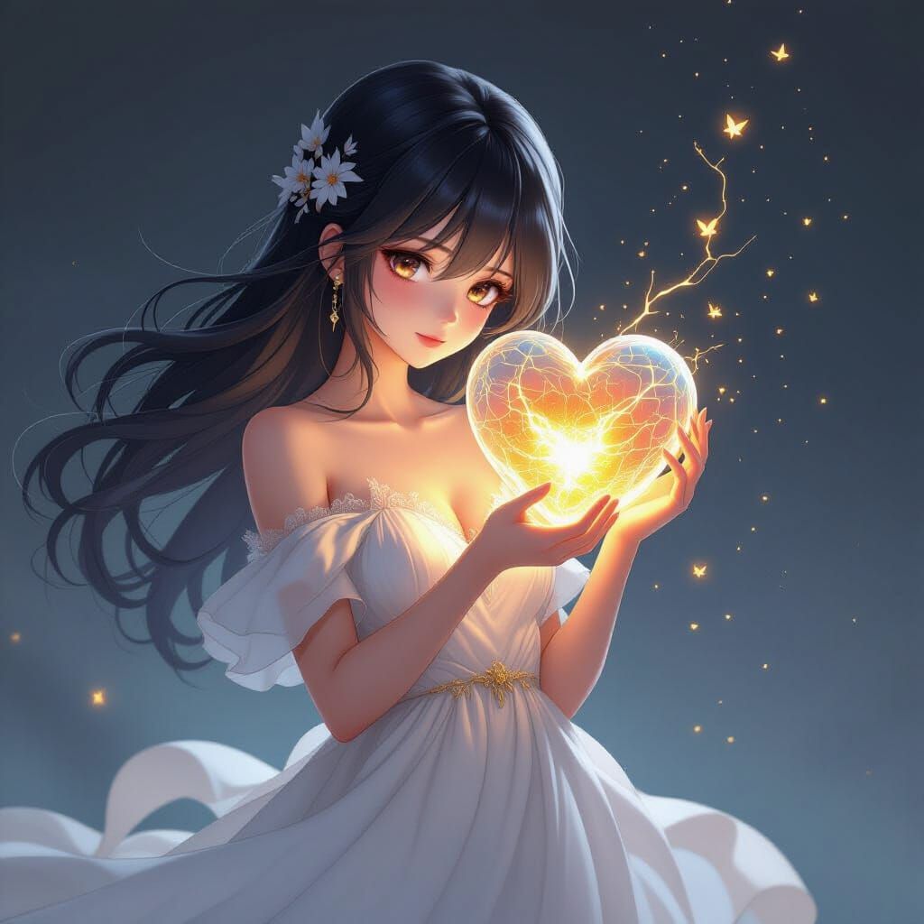 Anime Girl Holds Glowing Glass Heart with Gold Veins